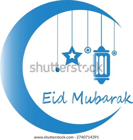 An image featuring a crescent moon with a blue gradient background, adorned with stars and a lantern, celebrating the festive occasion of Eid Mubarak.