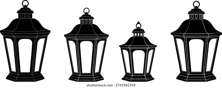 An image featuring four black outdoor lanterns in various sizes, each with a traditional design and glass panels, set against a plain white background.