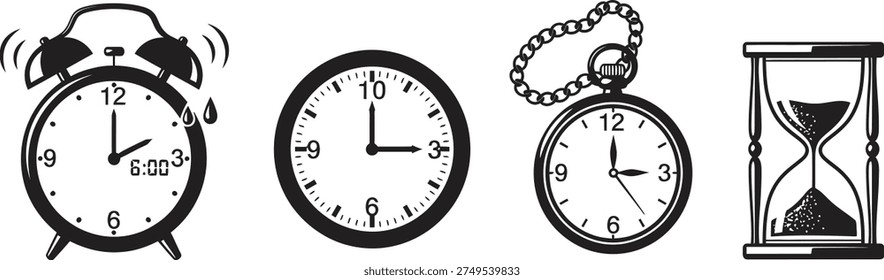 An image featuring four distinct time-keeping devices: an alarm clock, a wall clock, a pocket watch, and an hourglass.