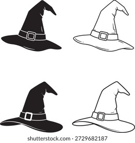 An image featuring four witch hats, two in black and two in outline, each with a belt and buckle.