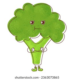 An image featuring a green broccoli expressing a sulking and offended emotion. This depiction of broccoli embodying a range of relatable emotions in a vegetable form, ideal for conveying culinary 
