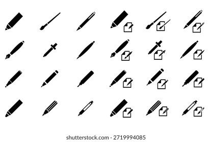 Una Imagen con una cuadrícula de 35 ilustraciones en blanco y negro de bolígrafos y lápices en diferentes Orientaciones