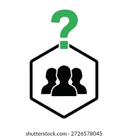 Una Imagen que presenta un grupo de personas representadas dentro de una forma hexagonal, con un Grande signo de interrogación verde sobre ellos.