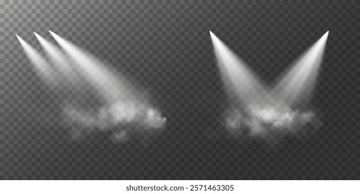 An image featuring multiple white spotlights shining at various angles, with light beams diffused through a subtle mist, set against a transparent checkered background.