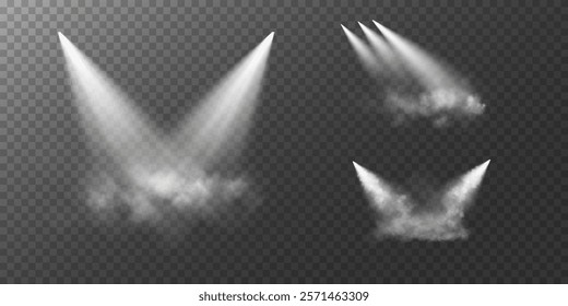 An image featuring multiple white spotlights shining at various angles, with light beams diffused through a subtle mist, set against a transparent checkered background.