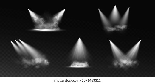 An image featuring multiple white spotlights shining at various angles, with light beams diffused through a subtle mist, set against a transparent checkered background.