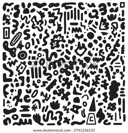 An image featuring a multitude of diverse abstract black shapes scattered across a plain white surface, creating a visually complex pattern