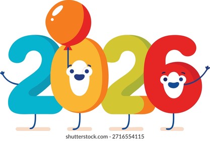 Una Imagen con los números de 2026, cada uno diseñado como un personaje animado y colorido. Los números son vibrantes y festivos, con el '2' en azul, el '0' en naranja, el '2' en verde y el '6' en rojo. Cada número tiene una cara amigable y parece estar bailando, transmitiendo una sensación de alegría y celebración para el año 2026.