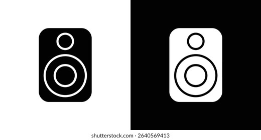 Image featuring a speaker icon presented in both black and white, ideal for representing audio, sound systems, music, and sound equipment. Solid fill and outline design.