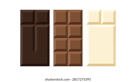 An image featuring three chocolate bars with varied textures and shades from dark to white, showcasing sweet treat and dessert ingredient visuals