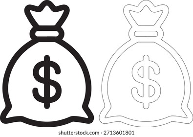 Uma imagem com dois sacos de dinheiro com sinais de dólar, um em preto sólido e o outro em um estilo de linha pontilhada, em um fundo branco puro