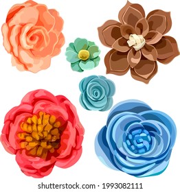 Image of felt flowers. Blue flowers. Purple flower. Red flower. Peach flower. Digital clipart. Vector