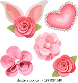 Image of felt flowers. Pink flowers. Heart. Pearl beads. Rabbit ears.Peach flower.Digital clipart. Vector