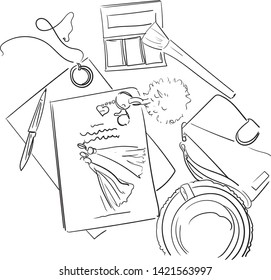 Image of female accessories. Silhouette, linear drawing of cosmetic bag. Vector ink drawing on an isolated white background. Beautifully laid out on the table items - cosmetics, jewelry, flowers, note