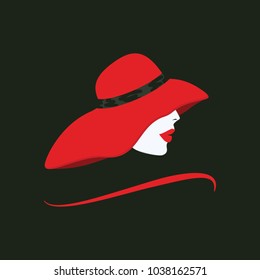 Image of female face in profile in red hat - isolated on black background - art vector.