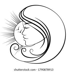Image of a female head against the background of the sun. Black and white drawing.