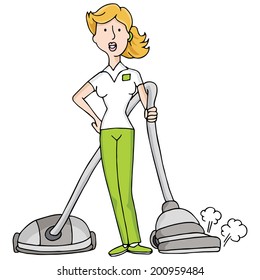 An image of female housekeeper with a vacuum.
