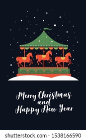 Imagen de carrusel festivo con caballos rojos bajo la nieve en caída. La composición decorativa es ideal para tarjetas de Navidad y Año Nuevo, carteles. Dibujo de color vector.