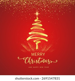 The image is a festive greeting card featuring a decorated Christmas tree.