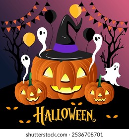 The image is a festive Halloween scene It shows a jack o lantern with a witch is hat smaller pumpkins ghosts balloons and bunting The word Halloween is written in a spooky font