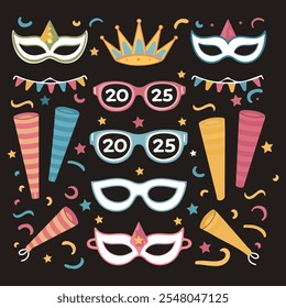 The image is a festive New Year’s illustration featuring colorful masks, party glasses, fireworks, striped decorations, and the number "2025" highlighted in the design.