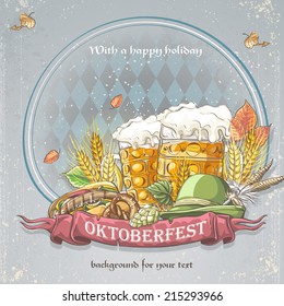 Image festive Oktoberfest Background for your text with glasses of beer, a bagel, a cap, hops and autumn leaves