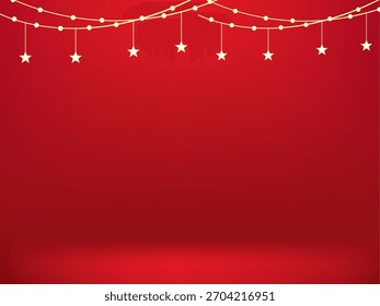 La Imagen es un fondo rojo festivo decorado con estrellas de oro colgantes y una guirnalda brillante. 