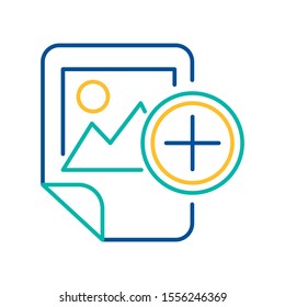 Image file adding blue and yellow linear icon. Picture moving to folder color thin line pictogram