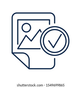 Image file checking blue monochrome linear icon. Picture with tick mark color thin line pictogram