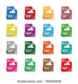 image file formats, file extensions, Flat colorful vector icons, isolated on white background.