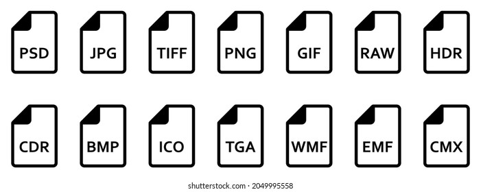 Image file formats icon. Set of line icons of different image formats. Image file icons. Vector illustration.