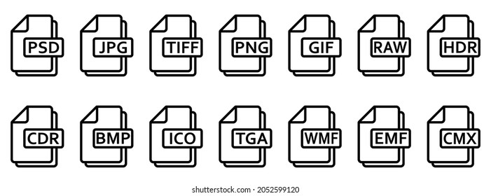 Image file formats icon. Set of line icons of different image formats. Image file icons. Vector illustration.