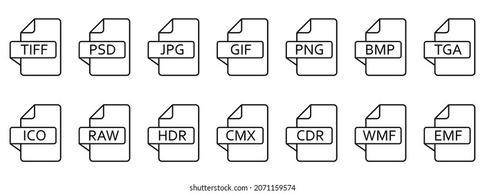 Image file formats icon. Set of line icons of different image formats. Image file icons. Vector illustration.