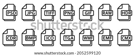 Image file formats icon. Set of line icons of different image formats. Image file icons. Vector illustration.