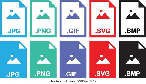 Image file formats icons set. JPG, PNG, GIF, BMP file document symbol vector art