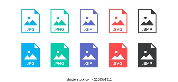 Image file formats vector icons set. JPG, PNG, GIF, SVG, BMP file document symbol