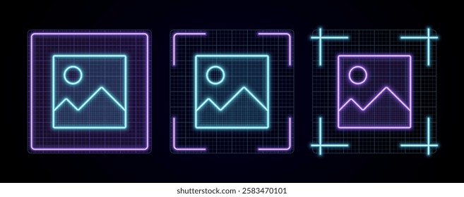 Image file icon vector, cyber neon visual, glowing border grid vector.	