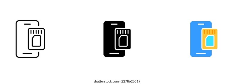 An image file of a smartphone with an icon of a SIM card on its display. Vector set of icons available in line, black, and colorful styles, all isolated.