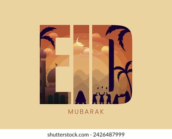 Image Filled Text of Silhouette Muslim People Celebrating Festival of Festival Eid Mubarak with Mosque in Crescent Moon.