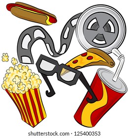 An image of a film reel, 3d glasses and movie theater food.