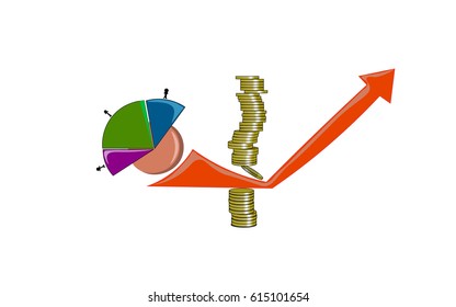 Image of the financial indicator or graph with a pile of coins and slices of statistics.