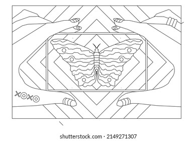 Image of a girl’s fingers holding a digital camera and photographing a butterfly with a background of diamond-shaped lines. Coloring Page for Adults. Digital detox. Anti stress. EPS8 #523