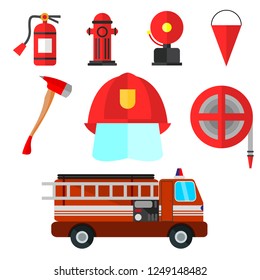 Image of a fire hydrant, car, helmet, ax and fire extinguisher. Vector illustration.