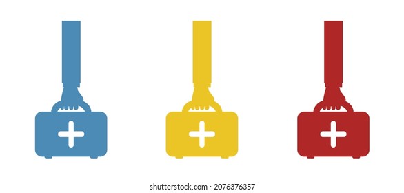 image of first aid kit, doctor carries first aid kit, hand, vector illustration