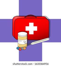Image of a first aid kit, medicines and a thermometer in a vector