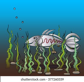 the image of the fish in the form of a robot, underwater