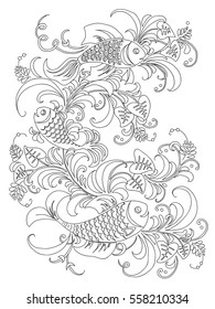 Image of fish and plants in the lines. Vector