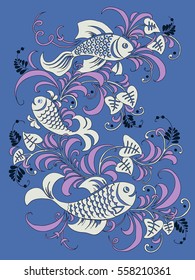 Image of fish and plants on blue background. Vector