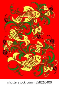 Image of fish and plants on a red background. Vector