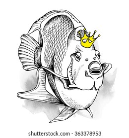 The image of the fish Queen Angelfish with the crown. Vector illustration.
